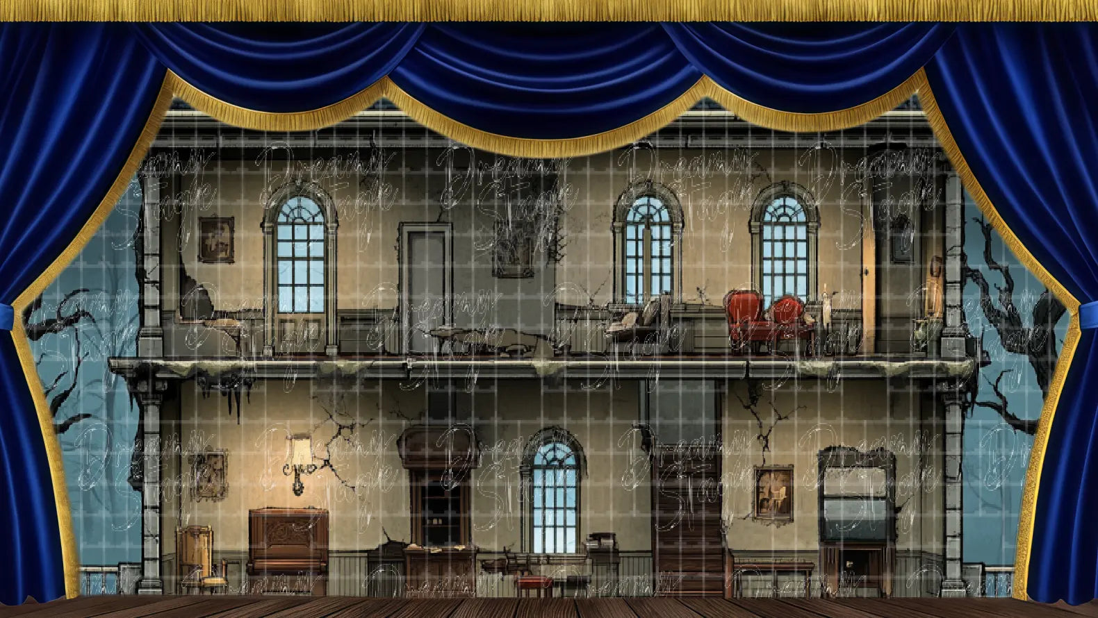 Dark gothic mansion exterior stage backdrop with eerie lighting and Victorian architecture. Ideal haunted house musical scenery.