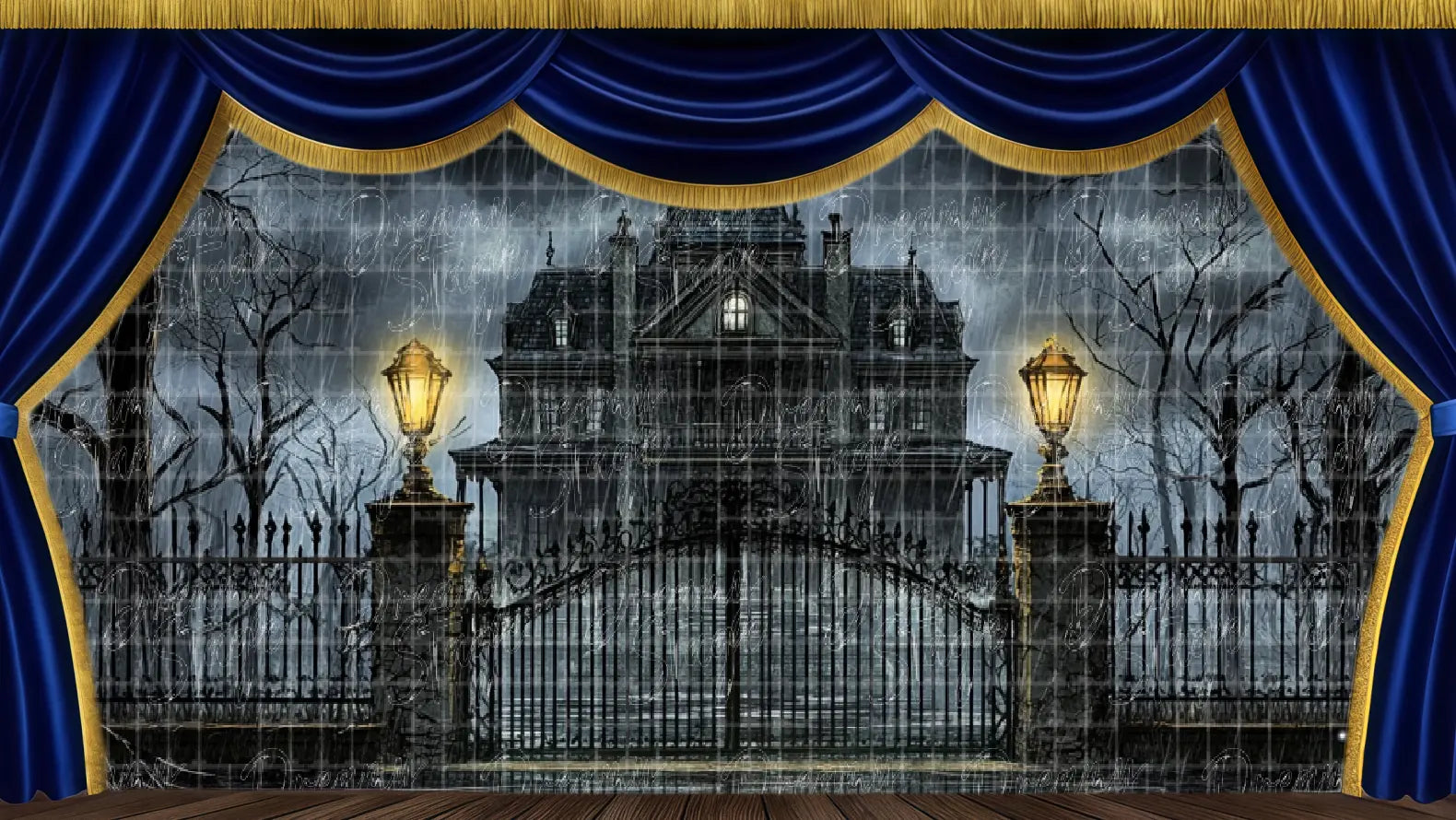 Haunted mansion gate stage backdrop with wrought iron fence and eerie night sky. Perfect for Addams Family style productions.