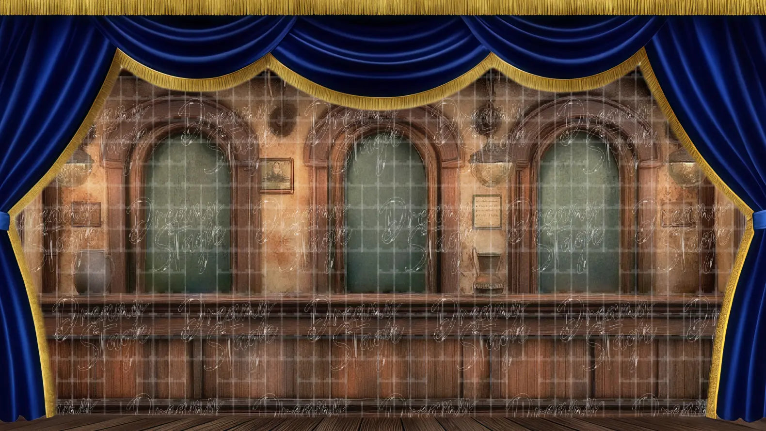 Gothic Victorian hallway stage backdrop featuring arched doorways and aged wallpaper. Ideal for haunted house musical productions.