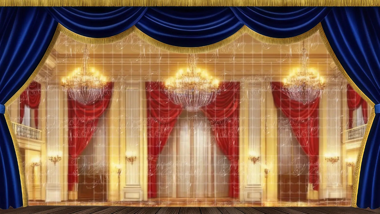 Elegant ballroom stage backdrop designed for theatrical productions, musical numbers, and formal stage scenes.