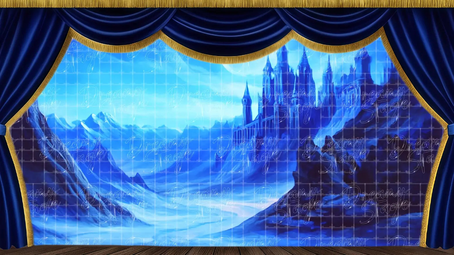 A towering blue castle perched in the mountains under a dramatic twilight sky. A perfect setting for dark fairytales, fantasy musicals, or epic stage plays.