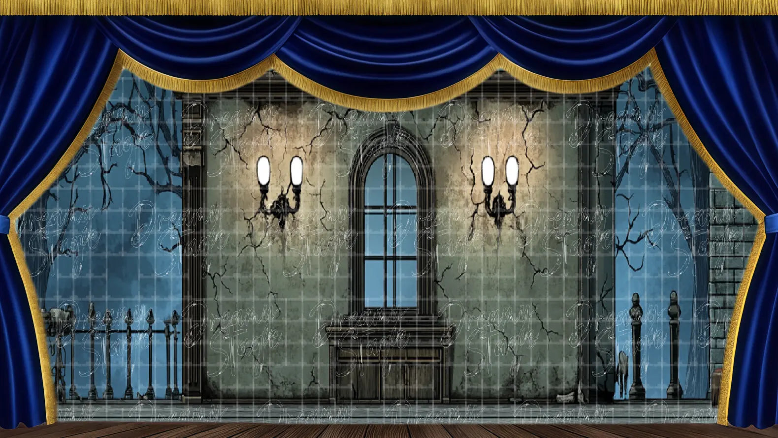Dark haunted house exterior with single lit window stage backdrop. Ideal spooky musical night scene.