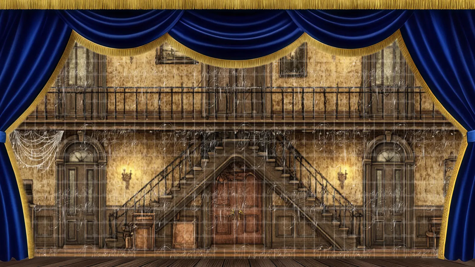 Gothic mansion staircase stage backdrop featuring balcony and dramatic Victorian architecture. Ideal musical theatre scenery.