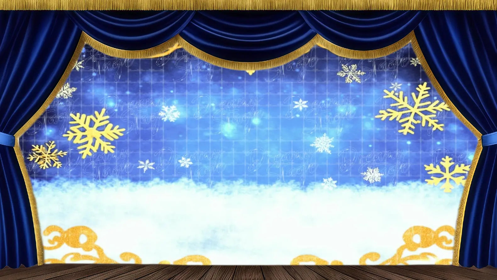 Golden Snowflake Abstract Scene theatrical backdrop featuring large gold snowflakes and ornate abstract gold borders. Ideal stage scenery for The Nutcracker 'Snowflakes Waltz,' winter productions, and holiday photo booths. Available in Microfiber, Outdoor Linen, and Theatre-Certified Fabric.
