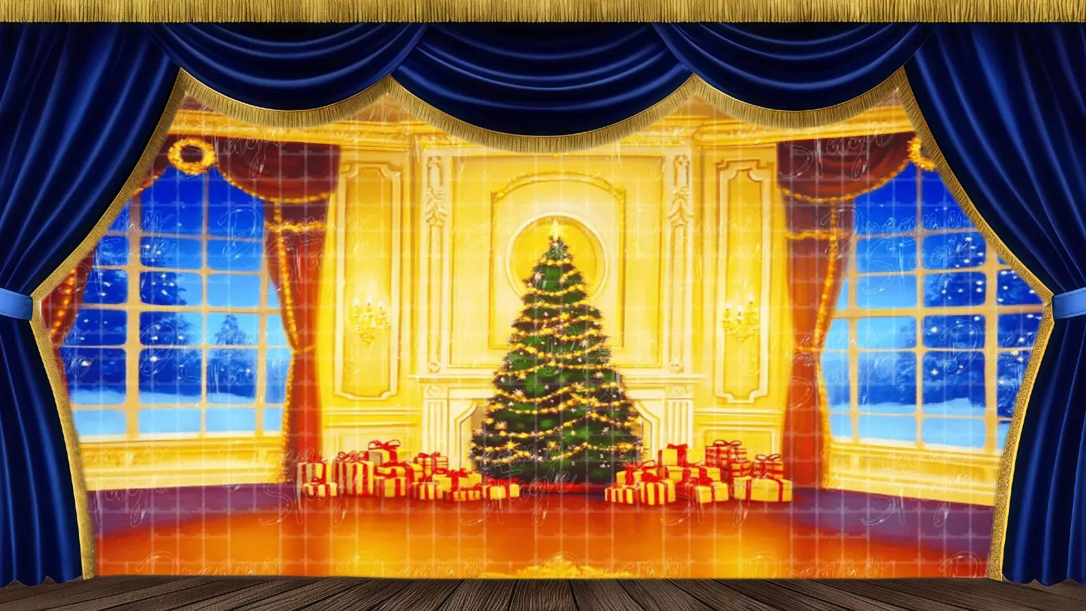 Nutcracker Christmas Parlor theatrical backdrop featuring an ornate room, festive tree, and wrapped gifts. Ideal stage scenery for the opening act of The Nutcracker ballet and holiday events. Available in Microfiber, Outdoor Linen, and Theatre-Certified Fabric.