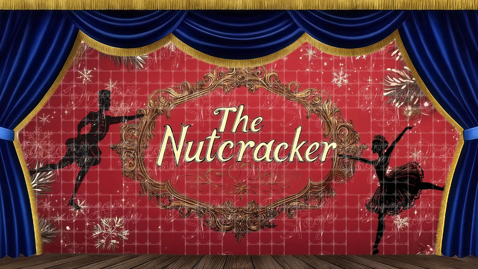 The Nutcracker Title Banner theatrical backdrop with red velvet curtains, gold frame, and dancer silhouettes. Ideal stage scenery for Christmas ballet, holiday gala, and dance recitals. Available in Microfiber, Outdoor Linen, and Theatre-Certified Fabric.