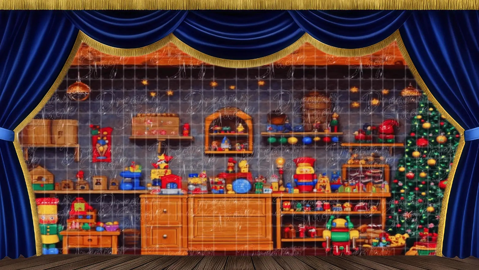 Vintage Toy Shop Interior stage backdrop featuring shelves of classic toys, Nutcracker figures, and a small Christmas tree. Ideal theatrical backdrops for The Nutcracker ballet, children's theatre, and holiday productions. Available in Microfiber, Outdoor Linen, and Theatre-Certified Fabric.