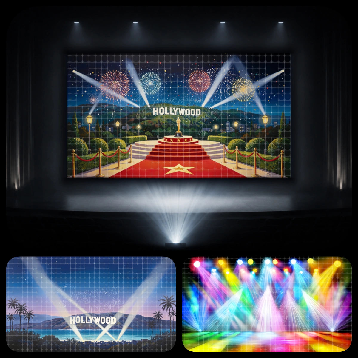 Hollywood awards night dance recital backdrop bundle featuring fireworks, trophy stage, red carpet stairs, Hollywood sign, searchlights, and colorful performance lights, perfect for recital finales, award-show themes, and show choir productions.