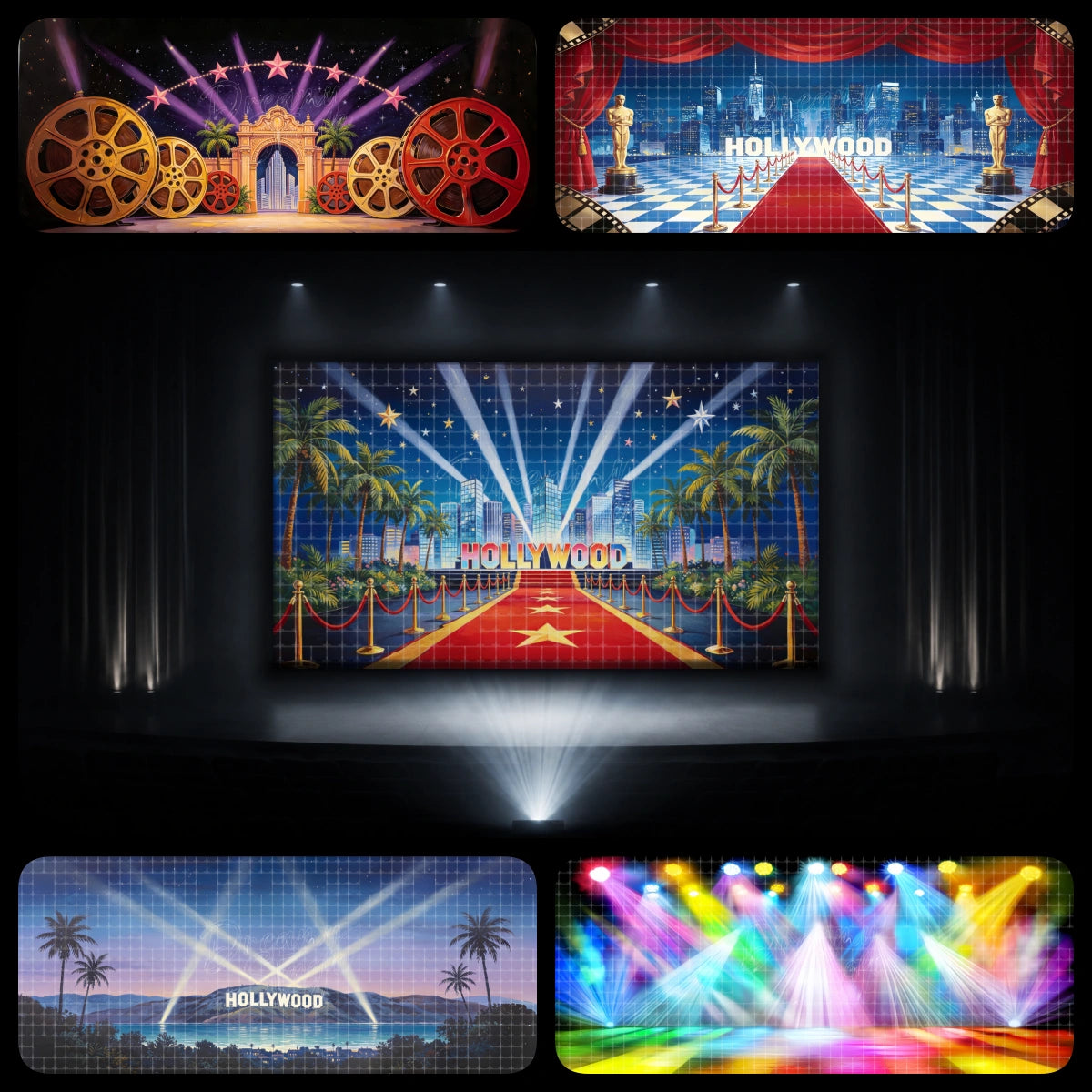 Hollywood cinema showcase dance recital backdrop bundle featuring film reels, red carpet city skyline, Hollywood sign, palm trees, and colorful stage spotlights, perfect for movie-themed dance shows, jazz routines, and studio showcases.