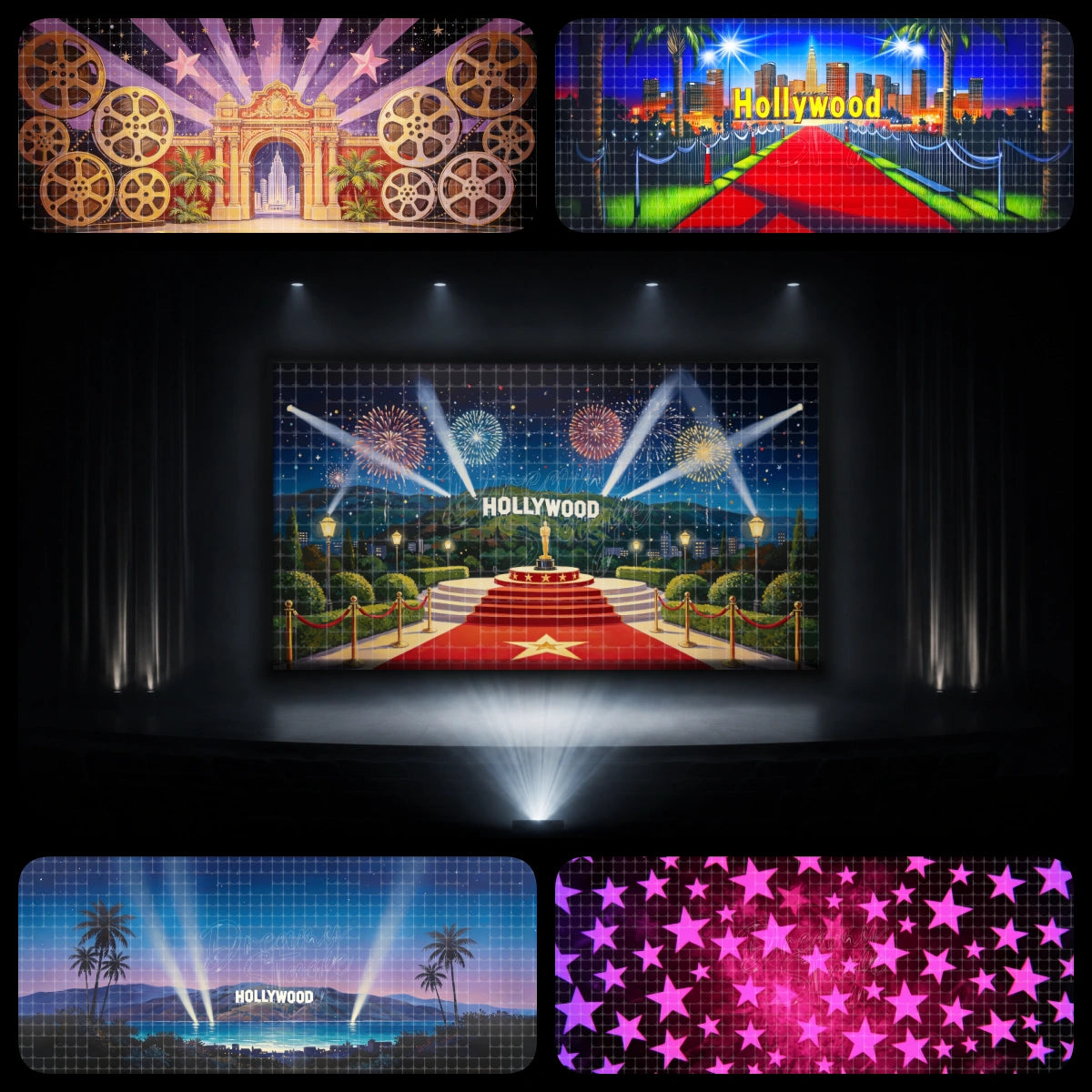 Hollywood fireworks finale dance recital backdrop bundle featuring an awards stage, red carpet, searchlights, film premiere gate, Hollywood hillside view, and bright star pattern, ideal for recital finales, opening numbers, and showbiz-themed performances.