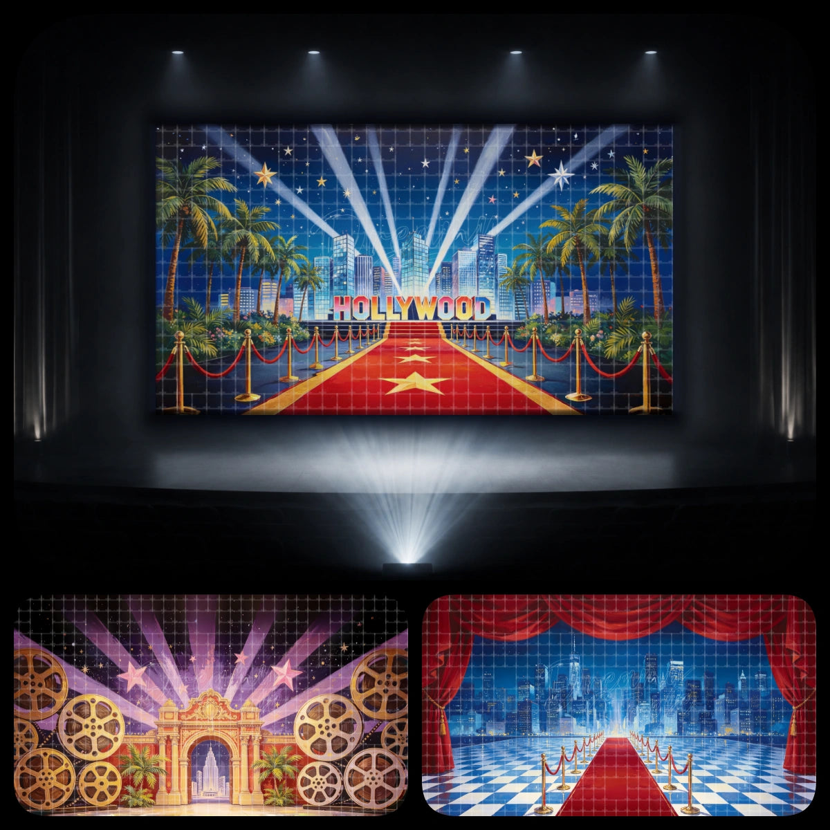 Hollywood red carpet dance recital backdrop bundle featuring a city skyline, palm trees, searchlights, movie premiere entrance, and red curtain stage scene, ideal for Hollywood-themed recitals, jazz dance, tap numbers, and school stage productions.