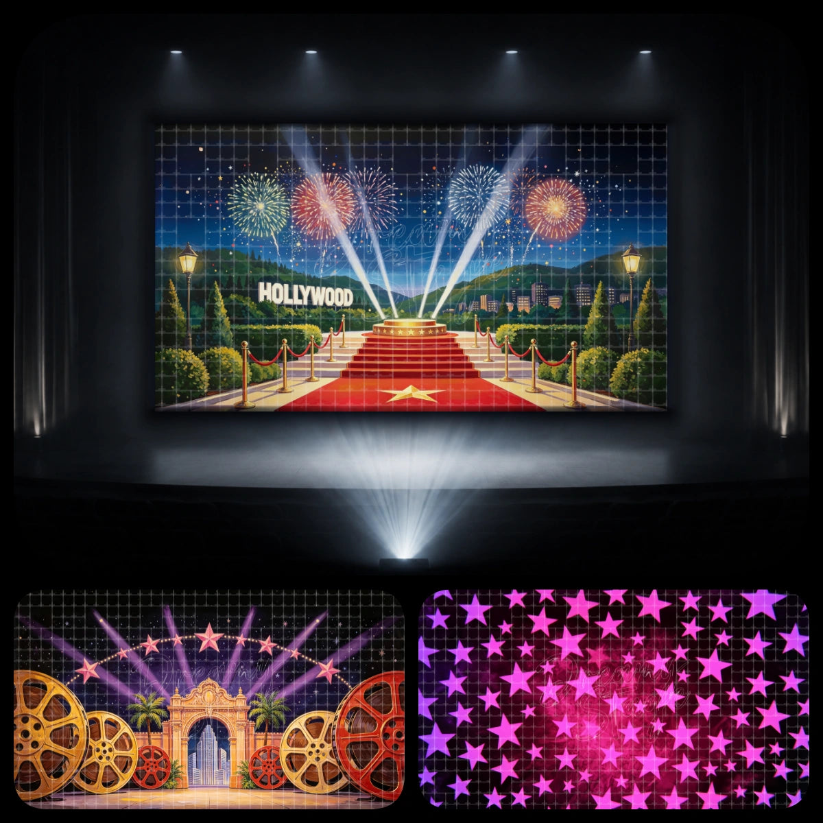 Hollywood star spotlight dance recital backdrop bundle with fireworks, red carpet awards scene, golden film reels, searchlights, and pink star pattern background, ideal for glamour-themed dance recitals and movie night performances.