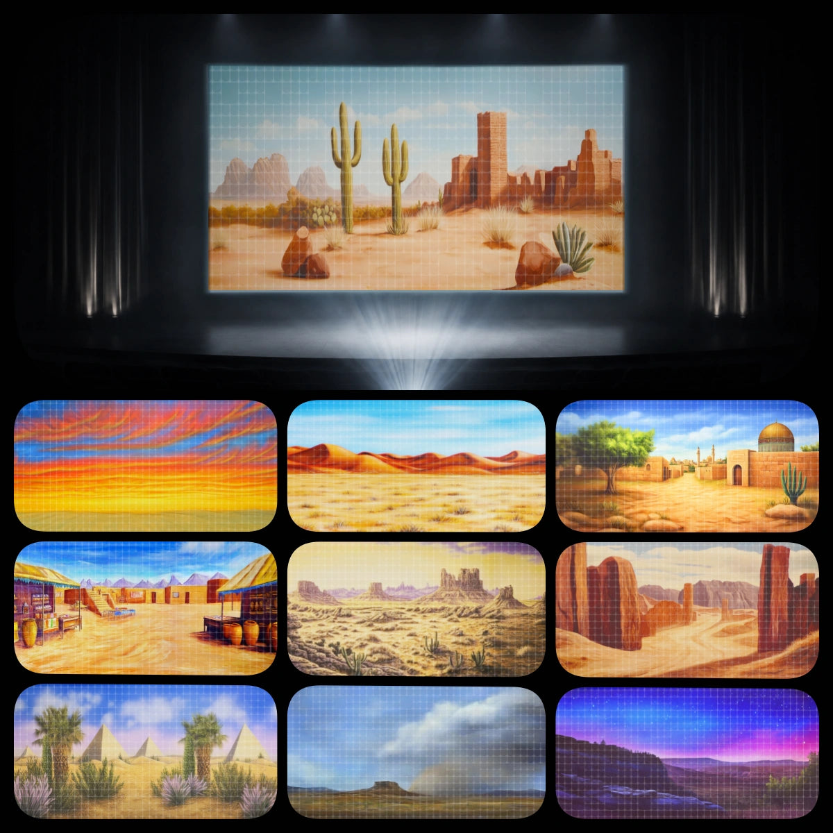 Holy Land Journey complete digital backdrop bundle featuring biblical desert village scenery, Ancient Egypt pyramid views, desert marketplace, red rock canyon, wilderness landscapes, ancient ruins, and sunset valley stage projection backgrounds for VBS Bible story lessons, church drama, Sunday school performances, children’s ministry, Nativity plays, Easter productions, and faith-based theatre events.