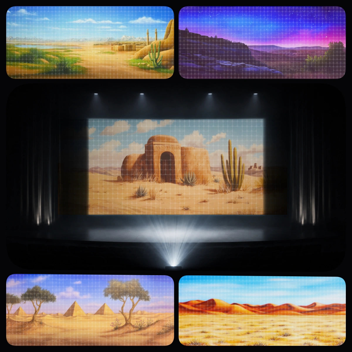Holy Land Story essential digital backdrop bundle featuring biblical desert tree scenery, ancient city walls, pyramid landscapes, desert marketplace, canyon views, and sunset valley backgrounds for church stage projection, Sunday school plays, Bible camp programs, Nativity plays, Easter drama, and faith-based theatre.