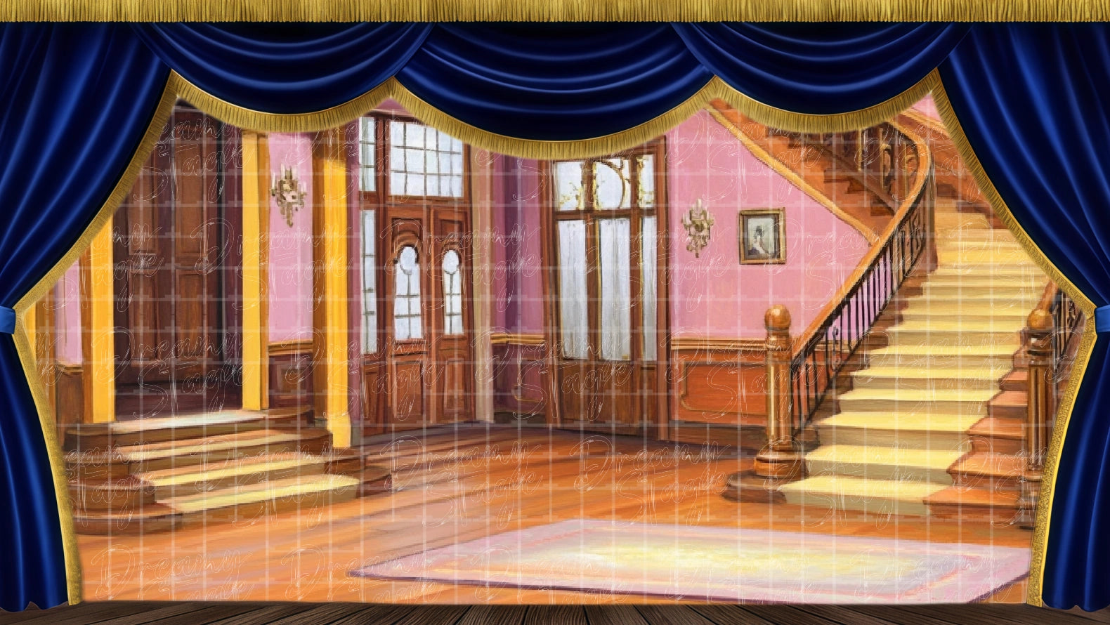 Home interior with staircase, ideal for Footloose domestic scenes. Digital stage backdrop for HD projection, virtual scenery, and theatrical use.