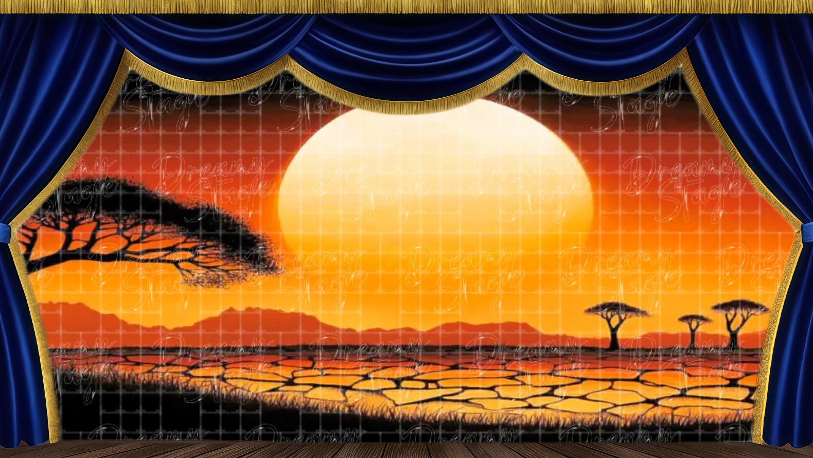 Sunset savannah theatrical backdrop featuring a massive orange sun and acacia silhouettes reflected on the plains. Ideal for dramatic Lion King scene transitions.