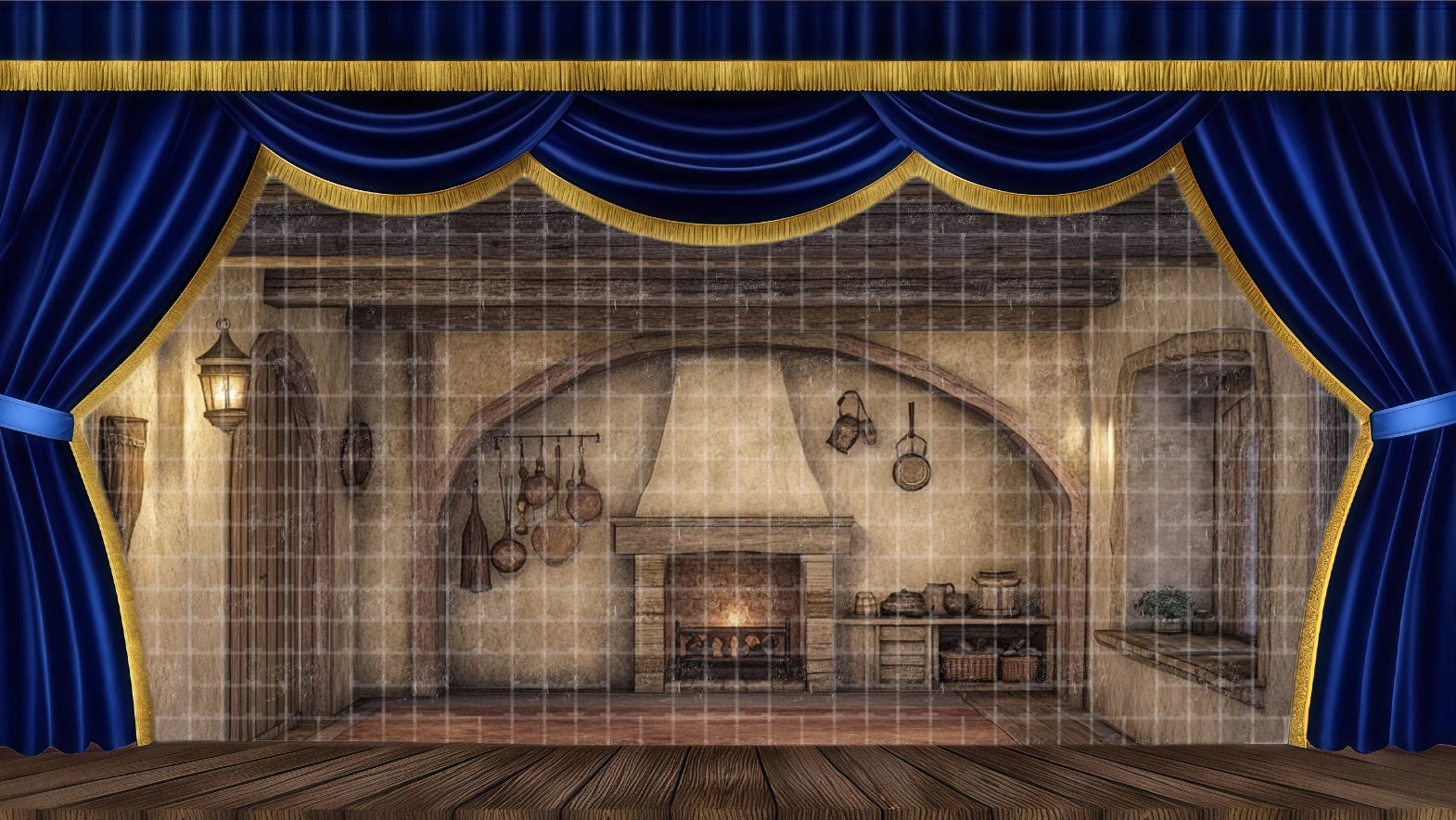 Cozy, humble cottage interior backdrop with a central fireplace and exposed wooden beams. Perfect for Cratchit home or Act 2 scenes in A Christmas Carol or Giselle