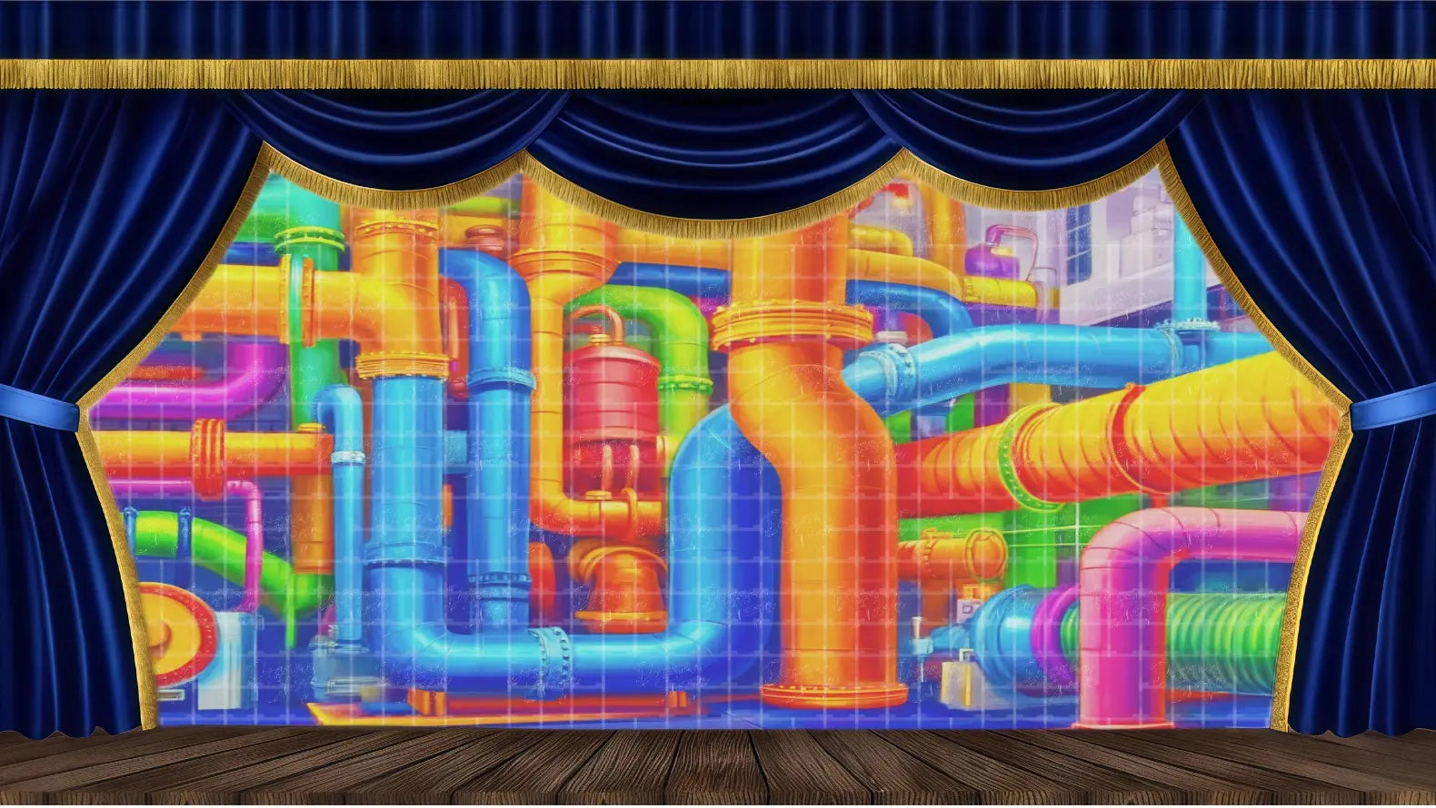 Vibrant candy factory pipe system stage backdrop. Ideal for musical theatre productions and large auditorium stage designs.