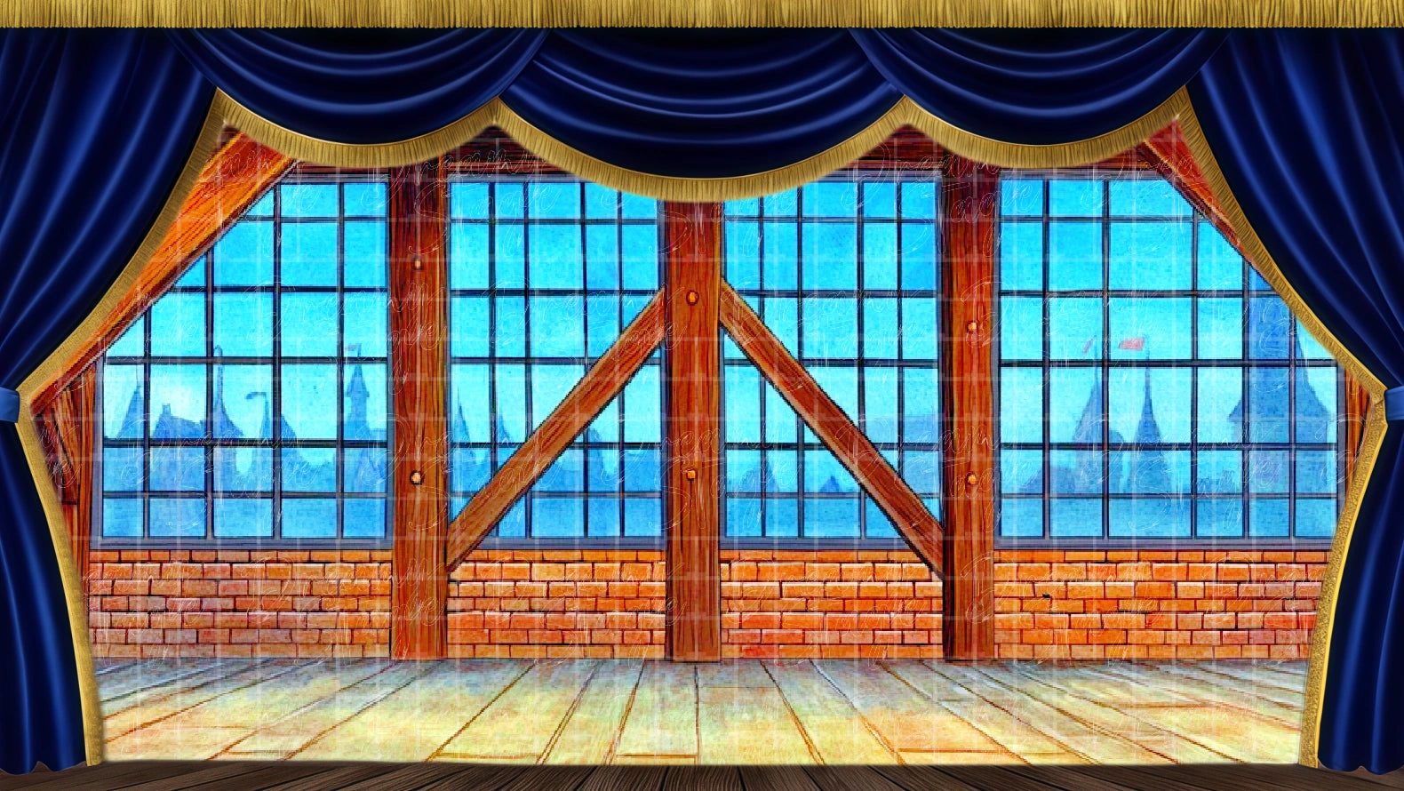 Industrial hall backdrop ideal for dance practice scenes. Digital stage backdrop for HD projection, virtual scenery, and theatrical use.