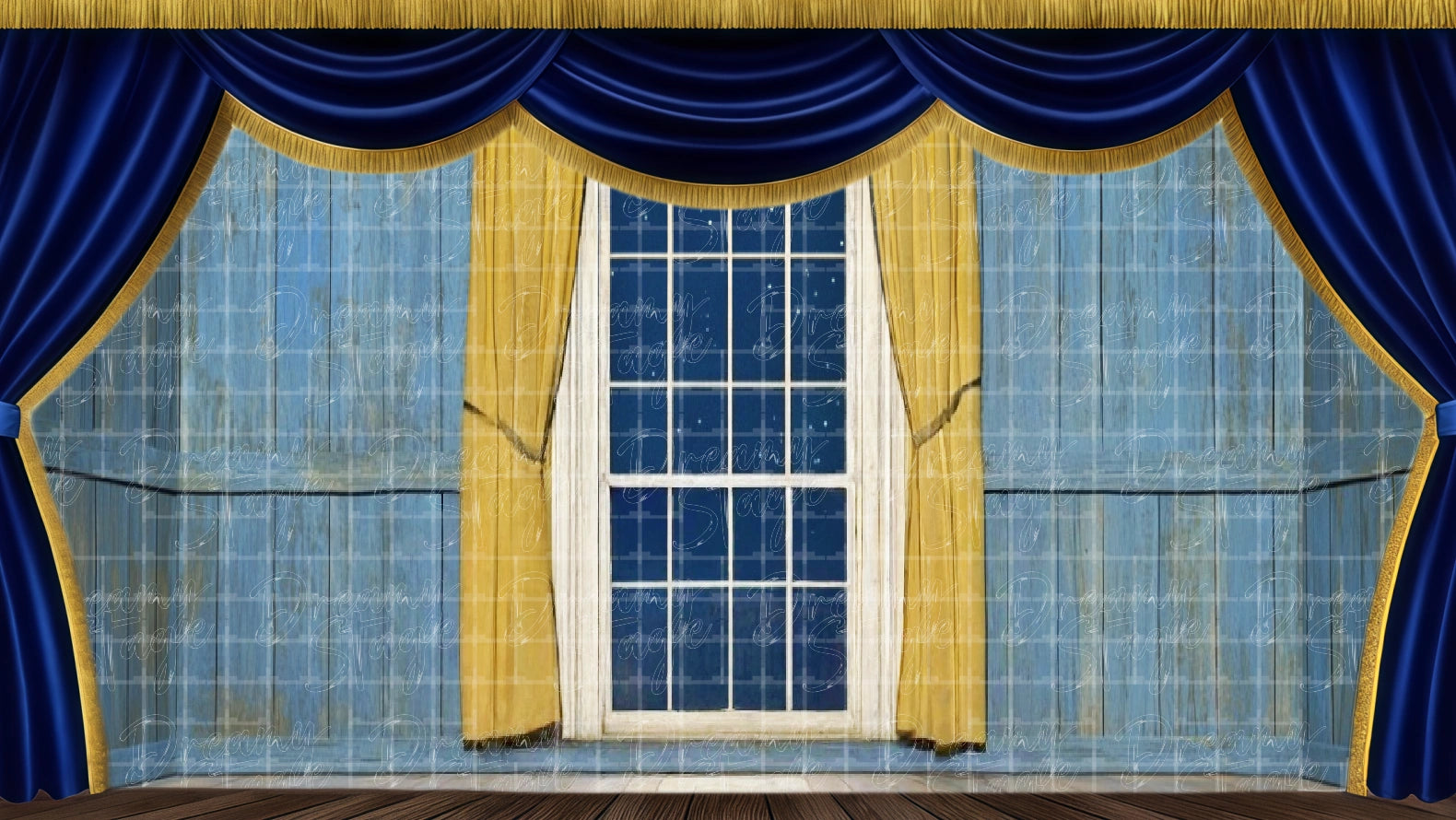 Window backdrop with curtains, ideal for emotional scenes. Digital stage backdrop for HD projection, virtual scenery, and theatrical use.