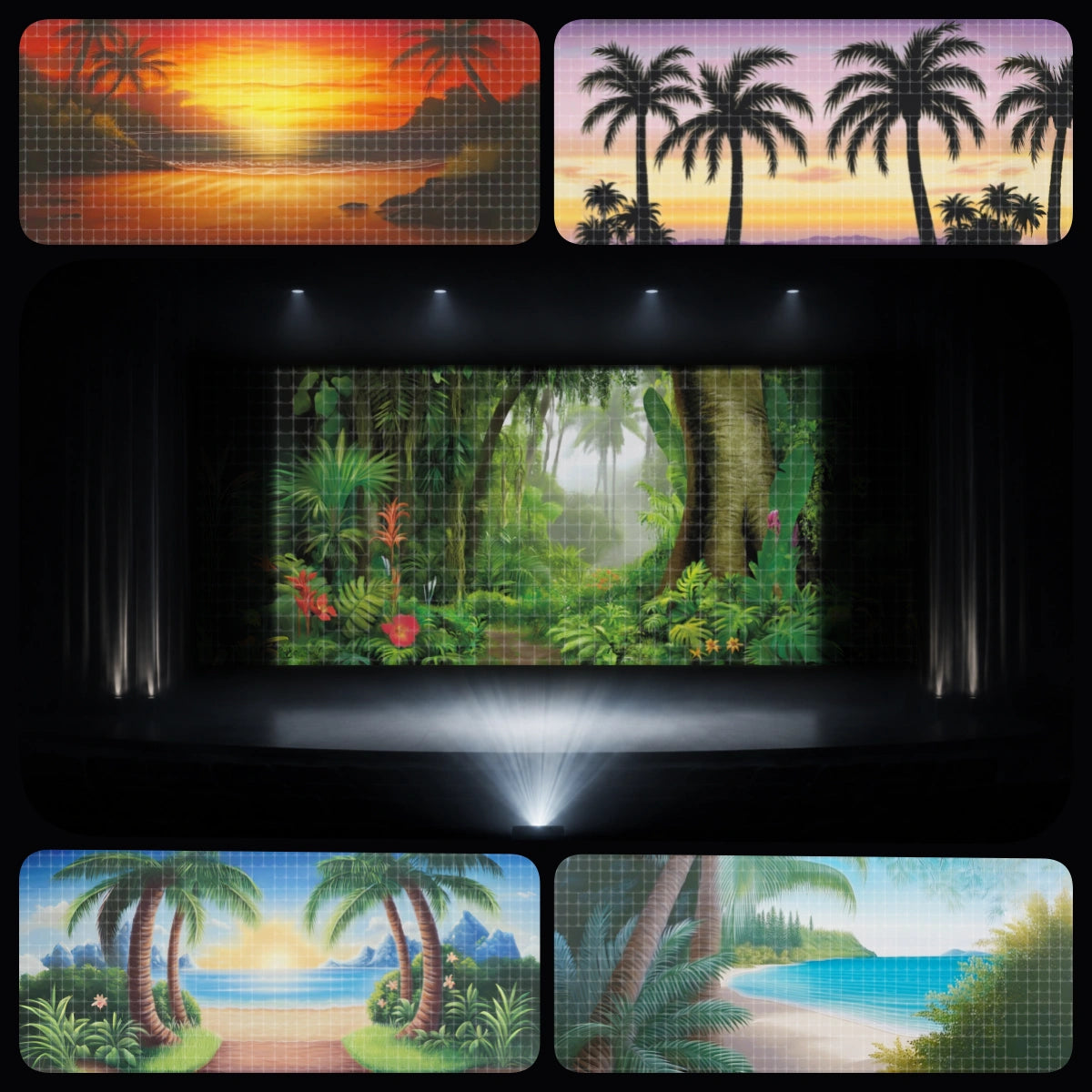 Island Adventure essential digital backdrop bundle featuring jungle waterfall scenery, tropical coast, palm beach, sunset island view, and lush island path backgrounds for instant download stage projection, VBS tropical adventures, summer camp programs, church kids ministry, school performances, and children’s theatre.