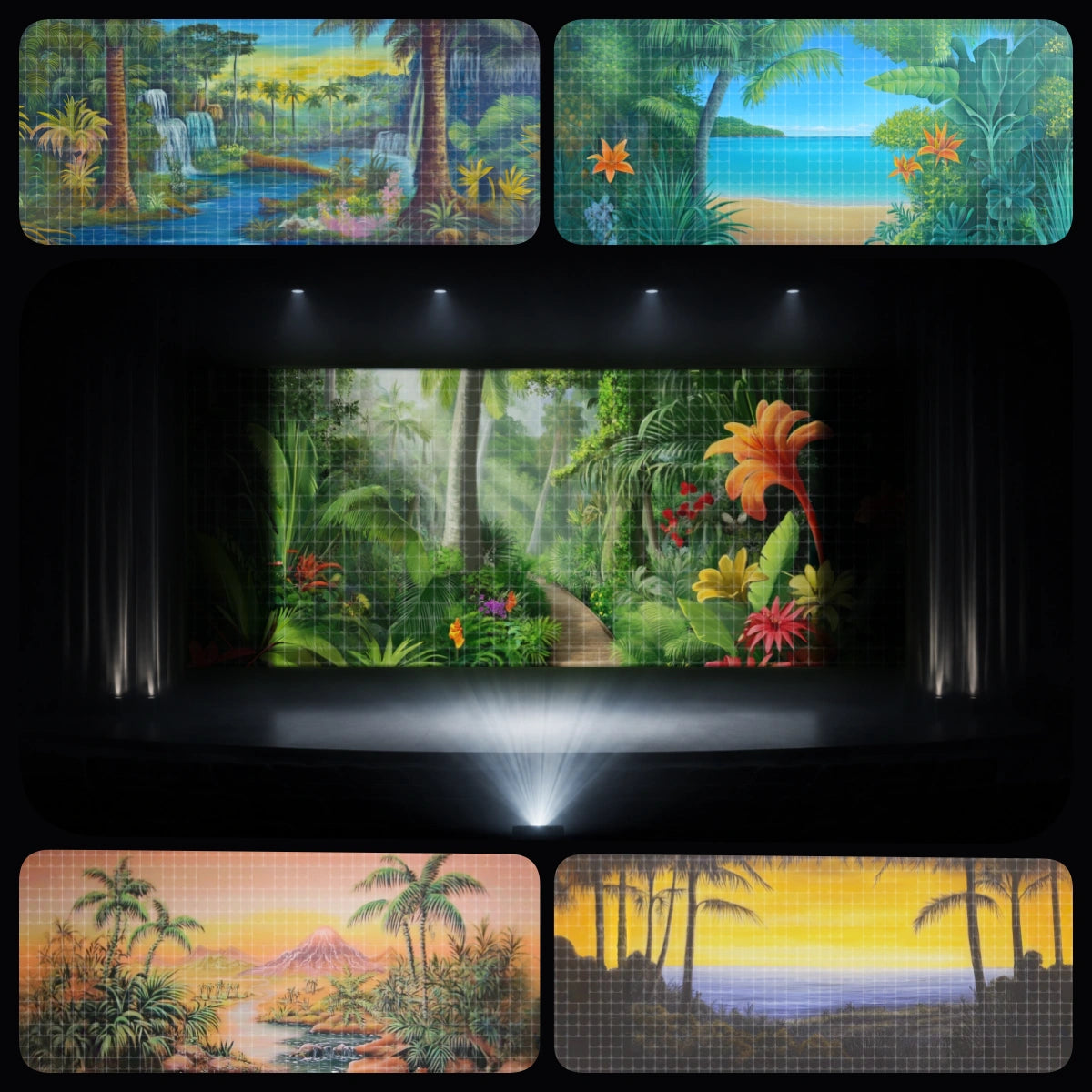 Island Falls essential digital backdrop bundle featuring tropical beach scenery, island waterfalls, jungle path, sunset ocean views, and palm tree backgrounds for instant download projection, VBS Tropical Trek programs, children’s theatre, church kids ministry, summer camp events, and school stage productions.