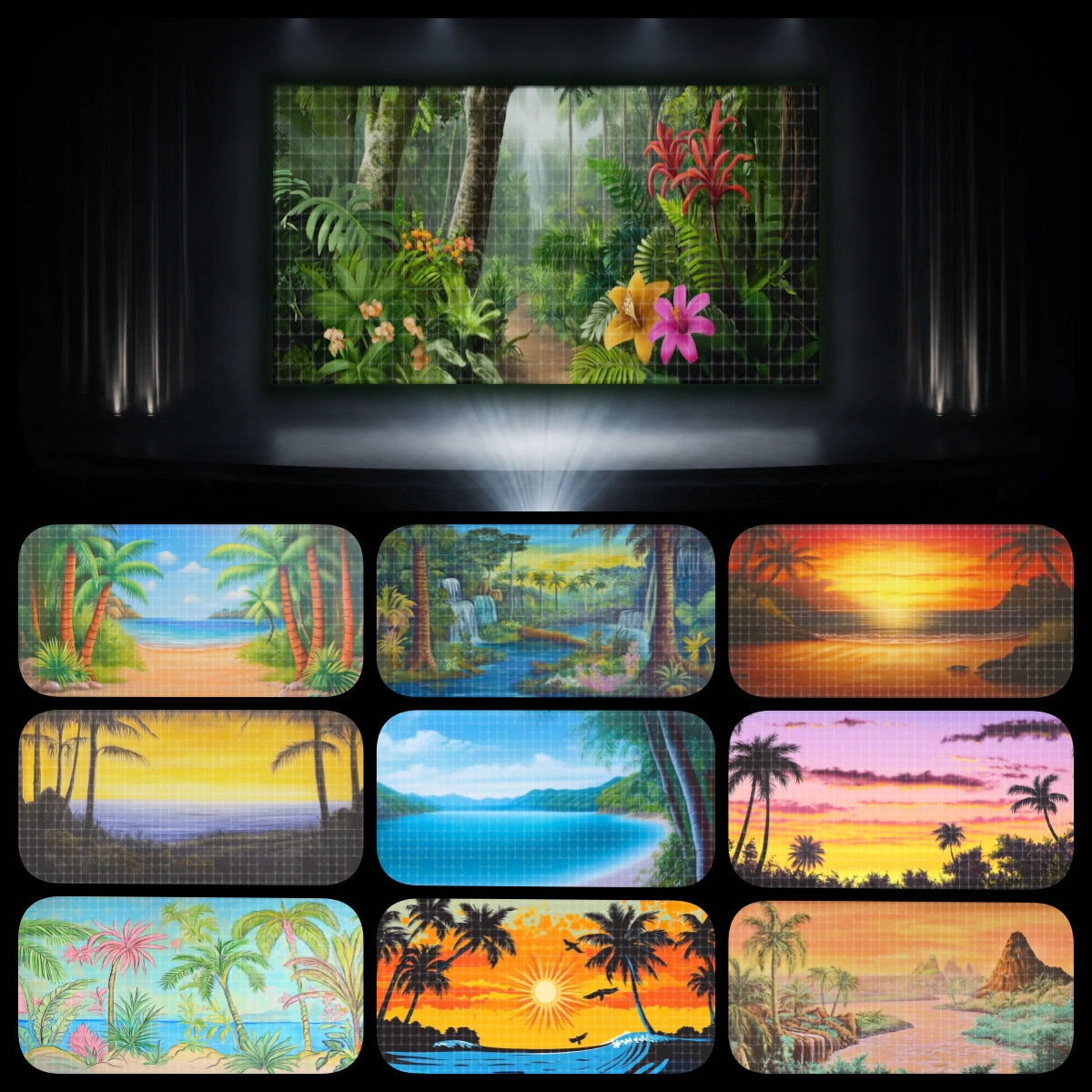 Island Journey complete digital backdrop bundle featuring tropical jungle path scenery, island beaches, ocean views, palm silhouettes, sunset landscapes, and coastal adventure backgrounds for instant download projection, VBS Tropical Trek events, church kids ministry, school theatre, children’s performances, and summer camp productions.