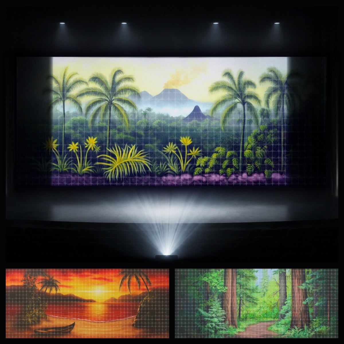 Island Trail mini digital backdrop bundle featuring jungle trail scenery, tropical sunset beach, palm island landscape, and coastal adventure backgrounds for instant download stage projection, VBS Tropical Trek themes, school plays, children’s theatre, church events, and summer camp performances.