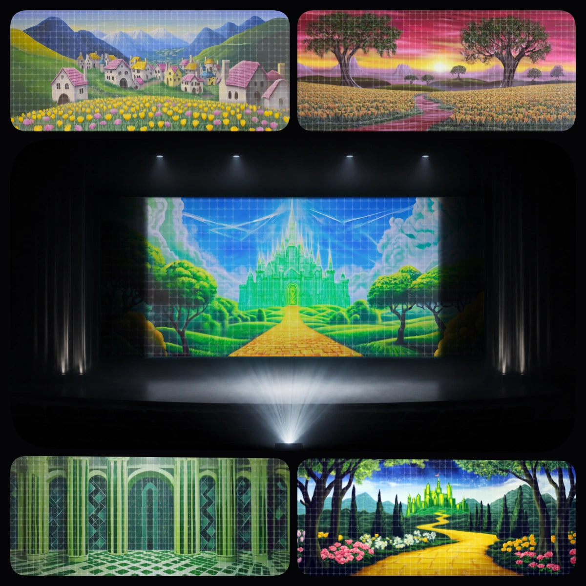 Journey to Emerald essential digital backdrop bundle featuring yellow brick road landscapes, flower fields, Emerald City views, green palace halls, and enchanted countryside scenery for instant download stage projection, Oz-inspired school musicals, youth theatre, children’s theatre, and fantasy adventure productions.