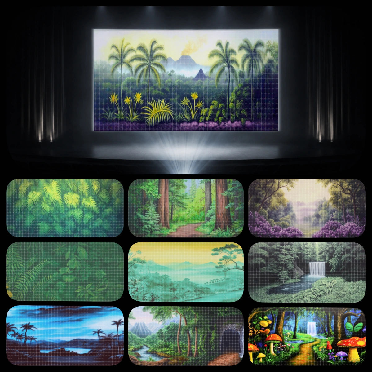 Jungle Expedition complete digital backdrop bundle featuring tropical rainforest projection scenery, jungle paths, waterfalls, lush foliage, misty forest landscapes, palm island scenes, and fantasy adventure backgrounds for instant download stage projection, VBS jungle themes, school performances, children’s theatre, church kids ministry, and tropical stage productions.
