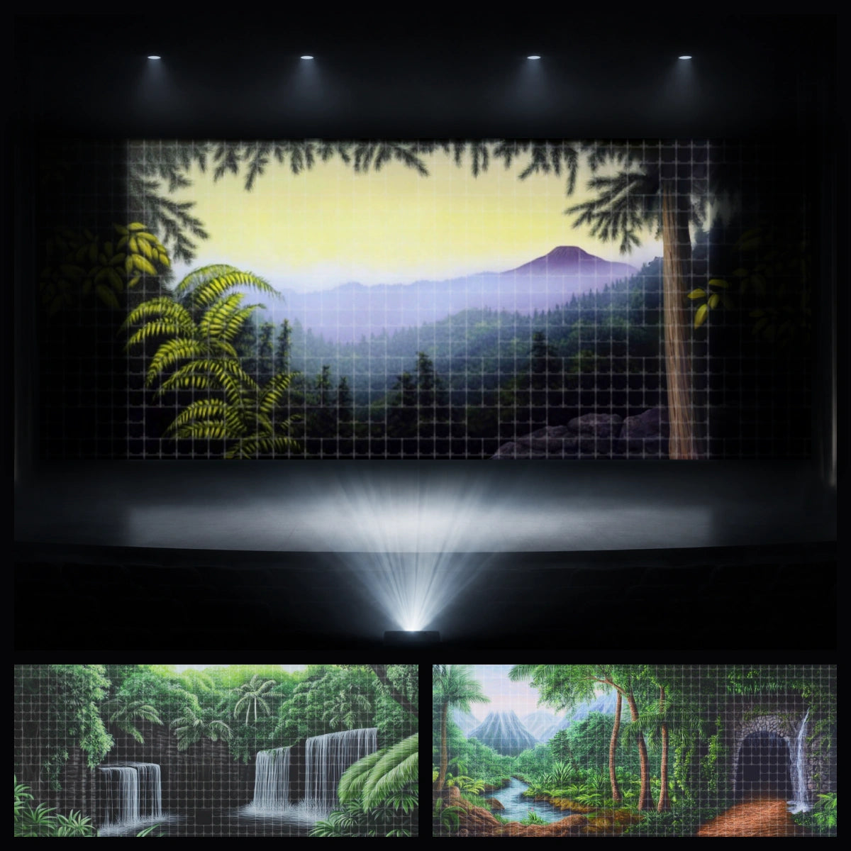 Jungle Falls mini digital backdrop bundle featuring misty rainforest landscape, tropical waterfall, jungle river path, and lush green stage scenery for instant download projection, VBS Rainforest Falls themes, school plays, children’s theatre, church stage events, and adventure performances.