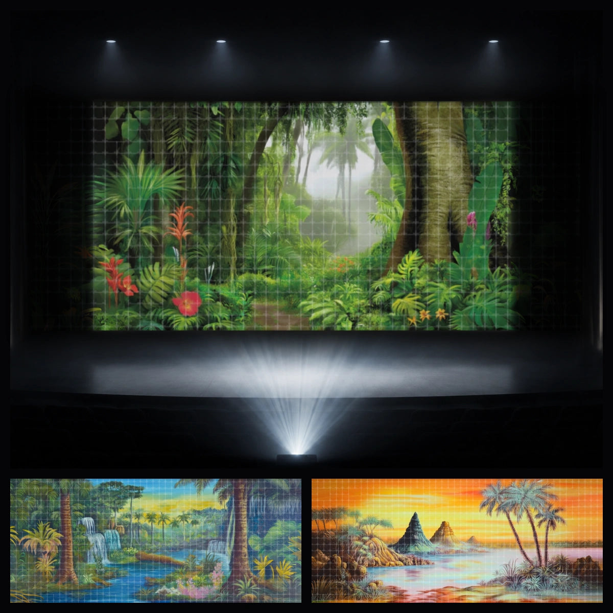 Jungle Island mini digital backdrop bundle featuring tropical rainforest scenery, island waterfall, jungle path, and sunset coastal landscape for instant download projection, VBS island adventure themes, church kids ministry, school performances, children’s theatre, summer camp programs, and tropical stage events.