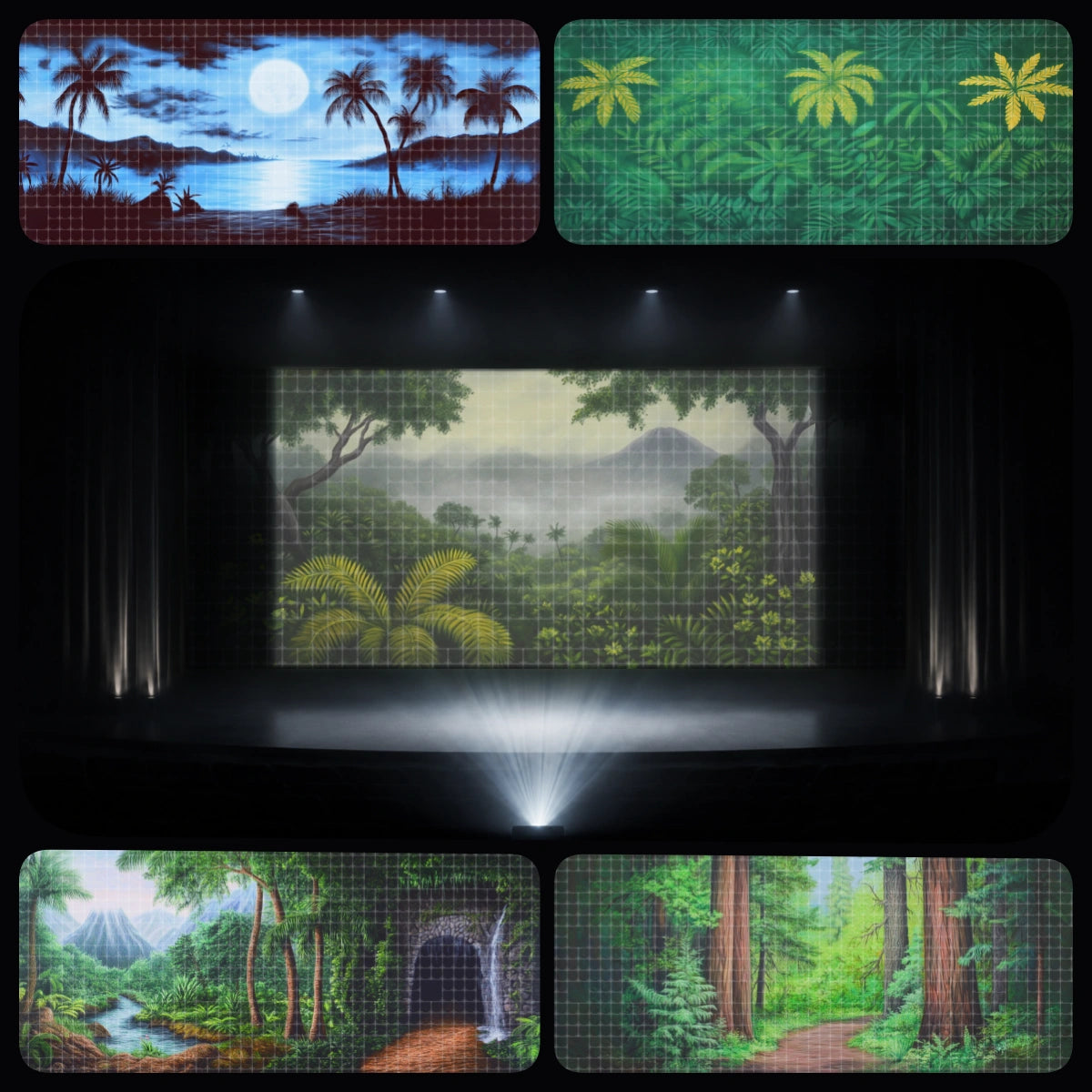Jungle Story complete digital backdrop bundle featuring projected rainforest valley scenery, waterfalls, jungle trails, tropical foliage, fantasy mushroom forest, swamp landscapes, and nature adventure backgrounds for instant download stage projection, VBS events, school plays, children’s theatre, dance recitals, and church kids ministry productions.
