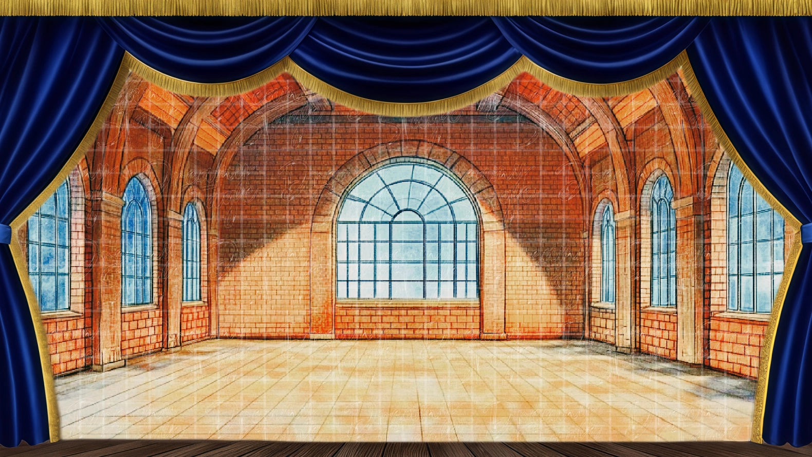 Large hall backdrop ideal for group dance scenes. Digital stage backdrop for HD projection, virtual scenery, and theatrical use.