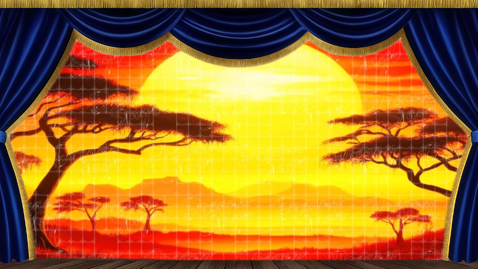 Golden savannah sunrise backdrop featuring acacia trees and warm glowing sky. Perfect stage backdrop for The Lion King, African safari themes, and children’s musical theatre.