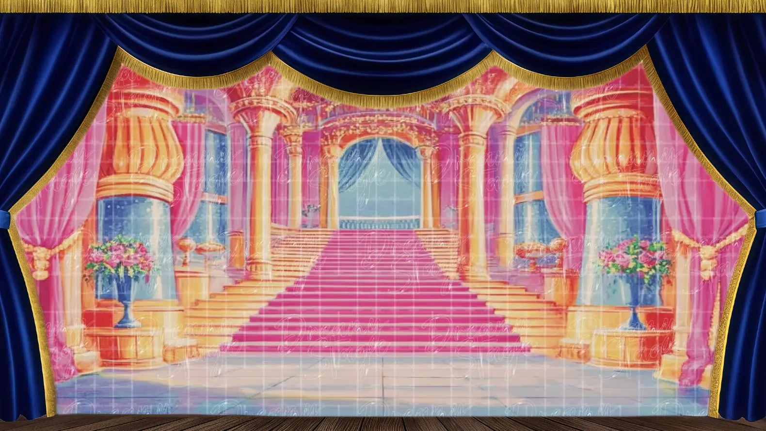 Luxurious castle ballroom featuring a sweeping pink staircase, tall columns, and glowing chandeliers, designed as a romantic stage backdrop for Cinderella’s ball or royal dance numbers.