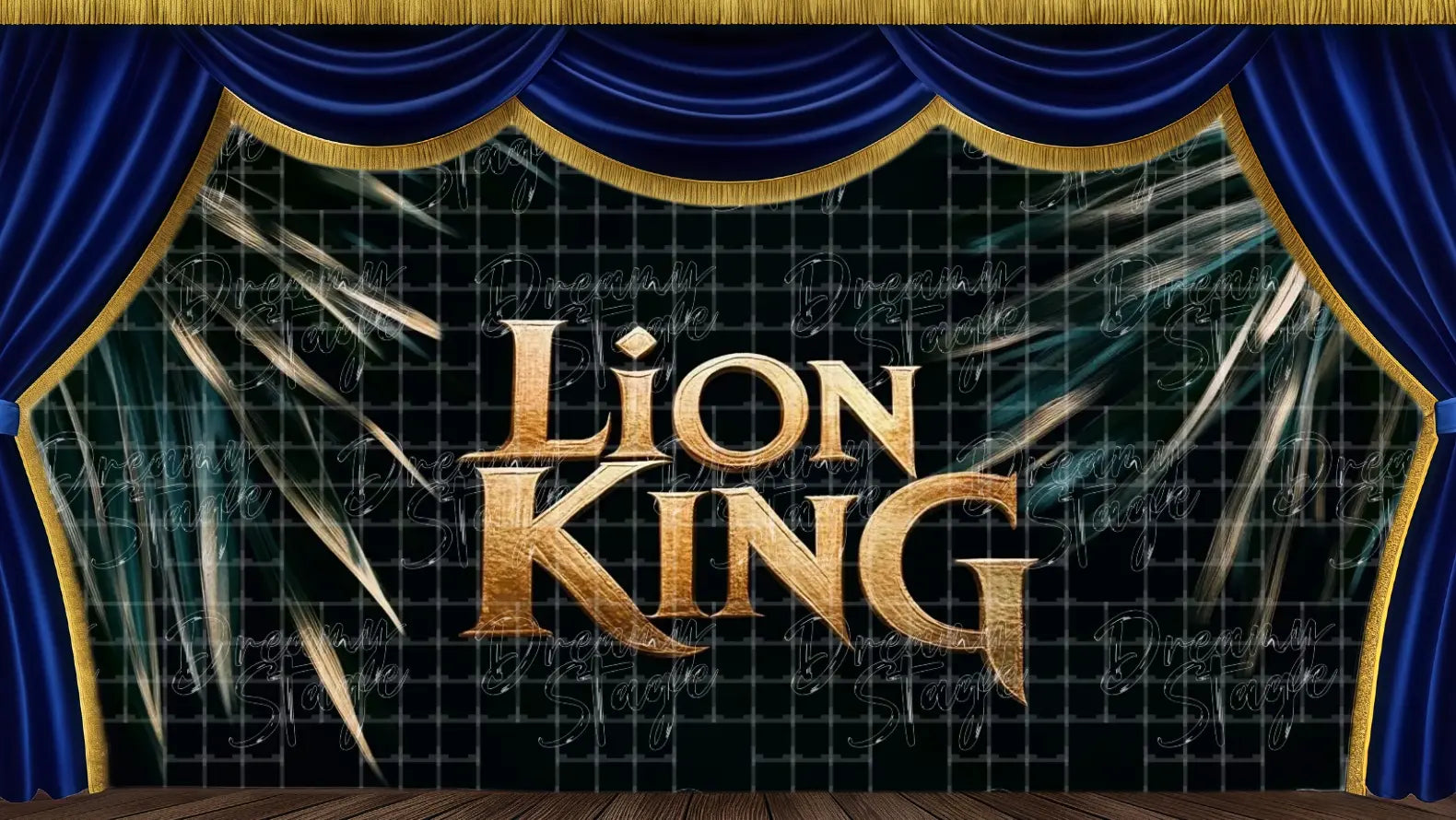 Lion King title banner stage backdrop featuring dramatic lighting and silhouetted tropical foliage. Ideal theatrical backdrop for Lion King musical productions, school plays, and African-themed stage performances.