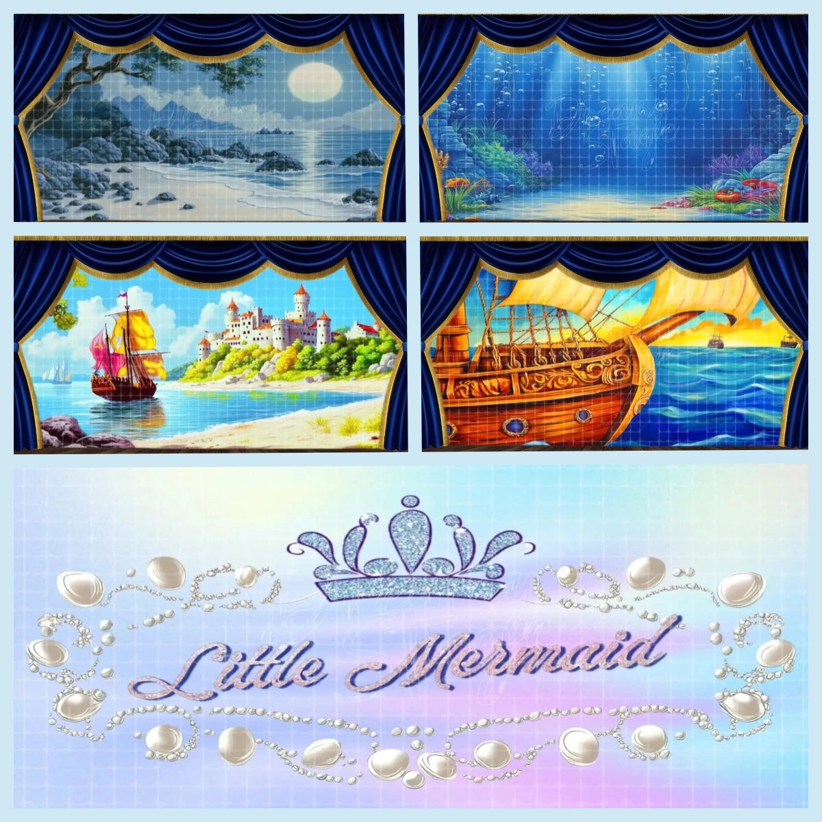 Little Mermaid mini digital backdrop bundle featuring moonlit beach, underwater reef, seaside castle, ship deck, and bonus title banner for instant download stage projection, school theatre, ocean adventure scenes, and youth musical productions.