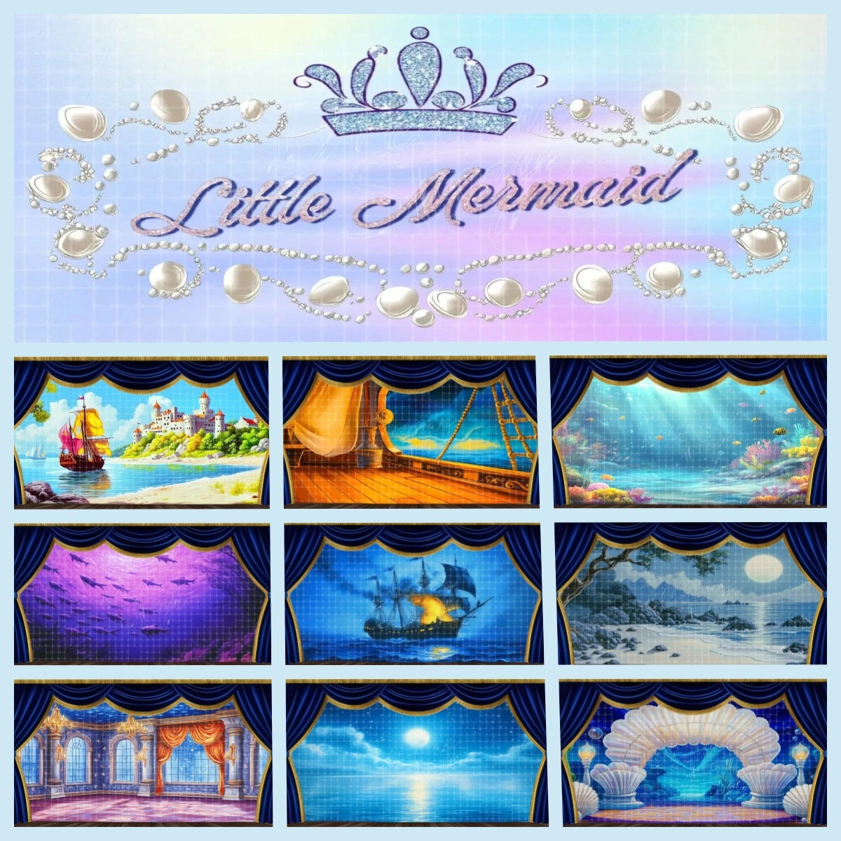Little Mermaid digital backdrop bundle featuring title banner, coastal castle, ship deck, underwater reef, purple ocean scene, sailing ship, moonlit beach, palace hall, open sea, and seashell stage scenery for instant download stage projection, school musicals, youth theatre, and ocean fantasy productions.