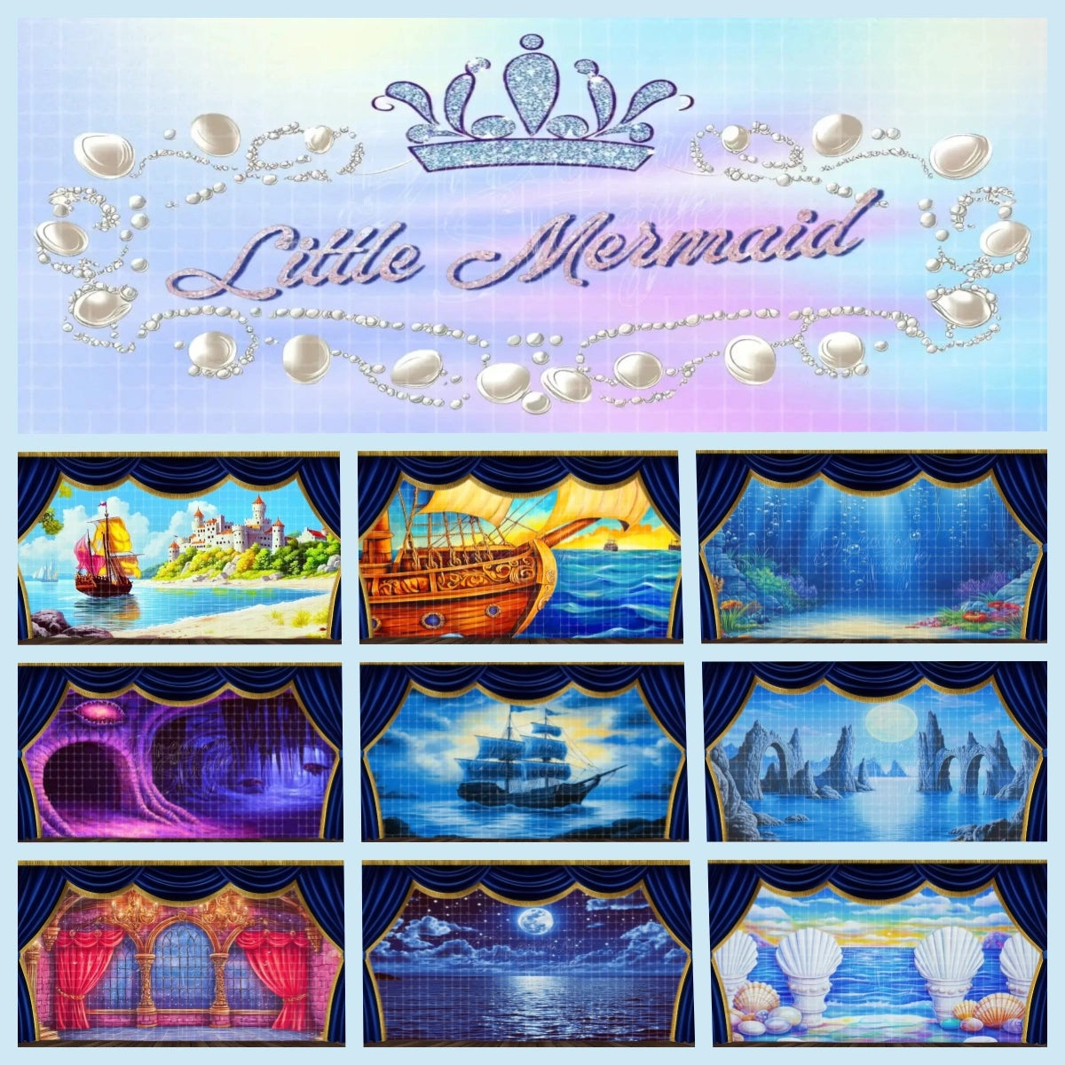 Little Mermaid instant download digital backdrop bundle with title banner, seaside castle, ship deck, underwater coral reef, sea cave, sailing ship, rocky moonlit shore, palace ballroom, moonlit ocean, and shell terrace scenery for school musical projection, community theatre, dance recital, and fantasy stage productions.