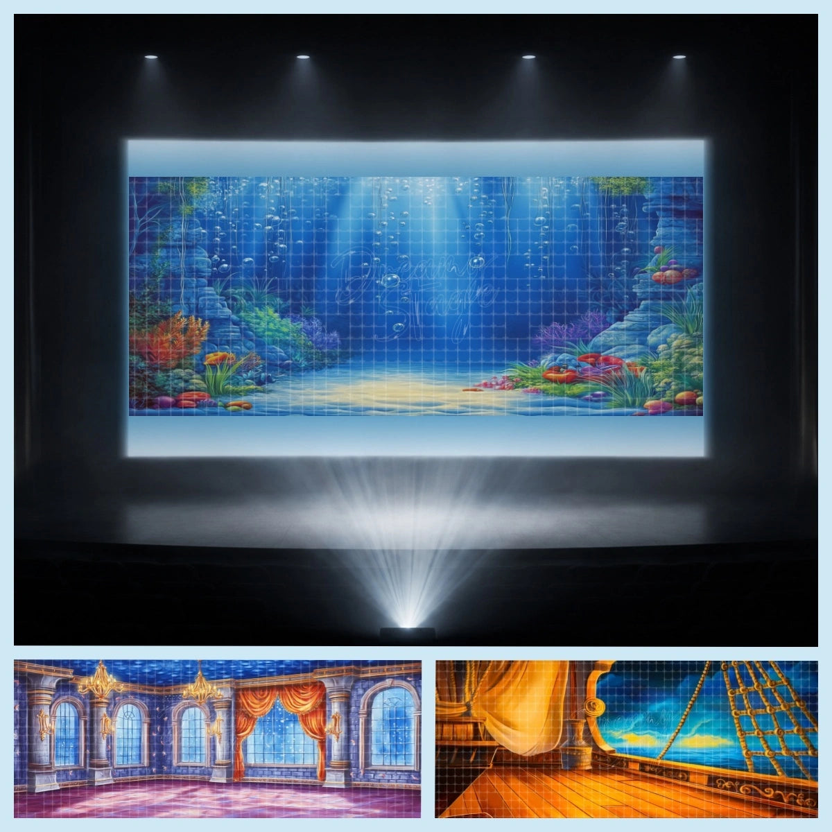 Little Mermaid digital stage backdrop bundle featuring projected underwater coral kingdom scenery, palace hall, ship deck, and ocean reef scene for instant download projection backgrounds, school musicals, youth theatre, dance recitals, and fantasy sea productions.