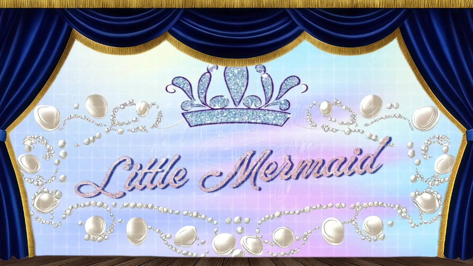 Little Mermaid logo banner with crown, pearls, and ocean shimmer. Ideal for theatre stage backdrops, school musicals, and aquatic fantasy productions.