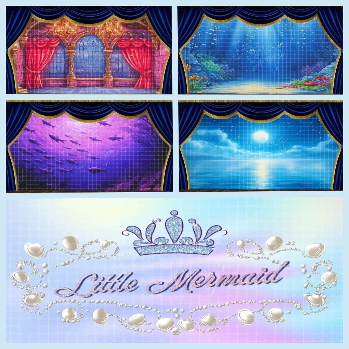 Little Mermaid mini digital backdrop bundle featuring palace interior, underwater reef, purple ocean scene, bright sea horizon, and bonus title banner for instant download digital stage projection, mermaid musical scenery, youth theatre, and school productions.