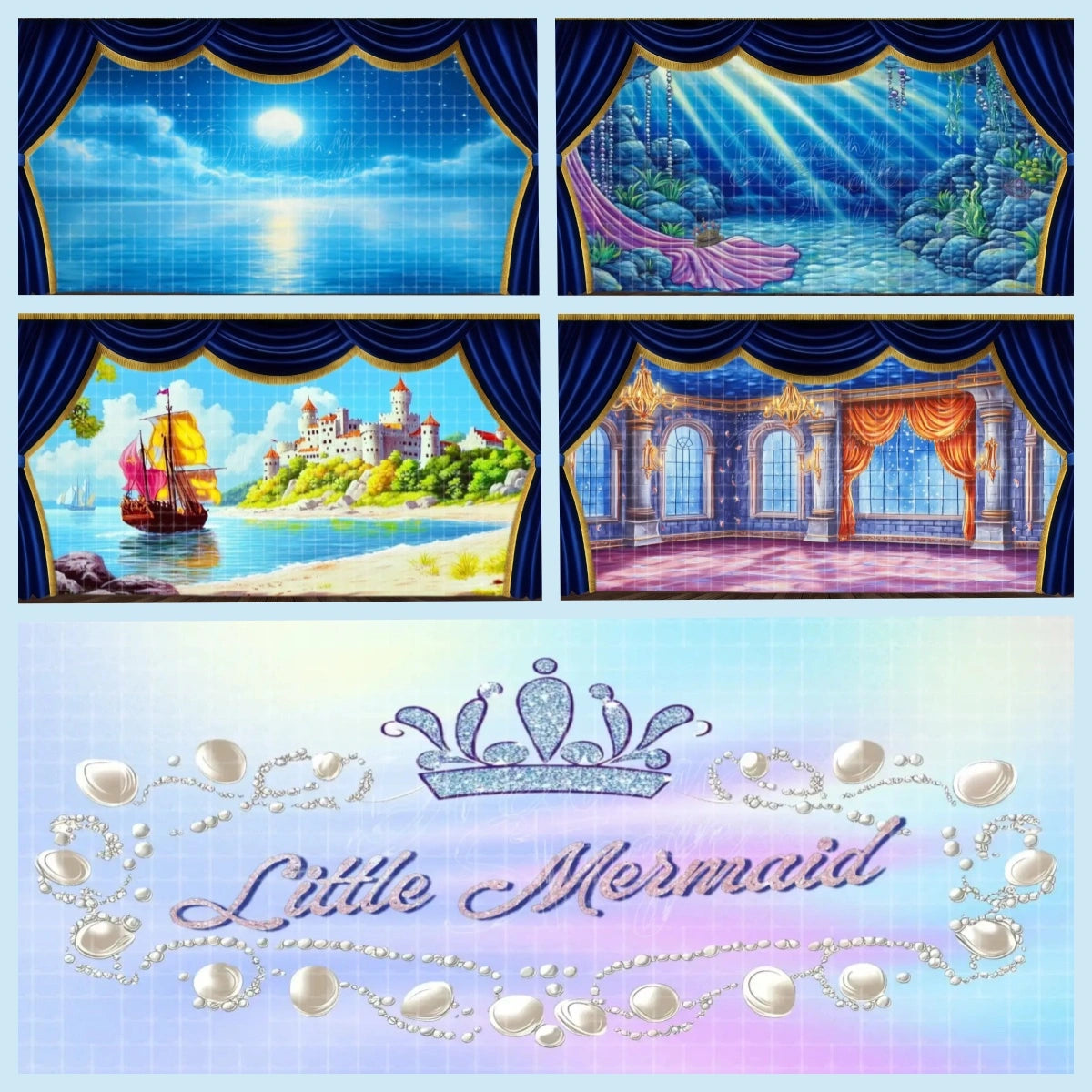 Little Mermaid mini digital stage backdrop bundle with open sea, underwater cave, seaside castle, palace ballroom, and bonus title banner, ideal for instant download projection backgrounds, school musicals, youth theatre, ocean palace scenes, and fairy tale stage productions.