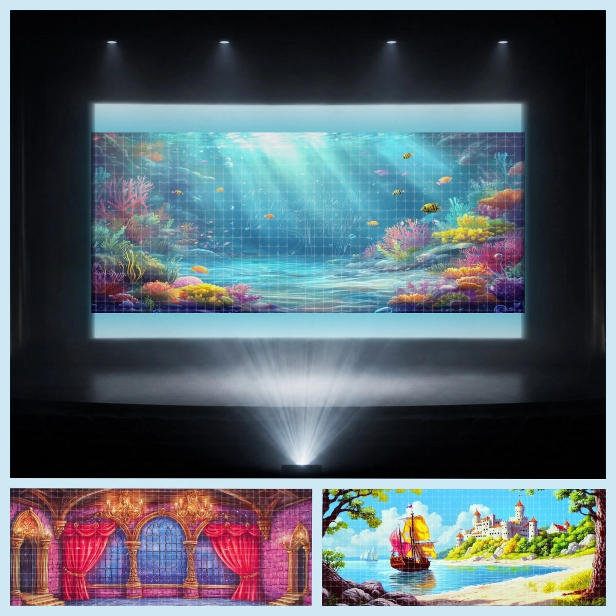 Little Mermaid digital backdrop bundle featuring projected coral reef, royal palace hall, seaside castle, and ocean stage scenery for instant download stage projection, school musical theatre, community productions, dance performances, and mermaid-inspired fantasy shows.