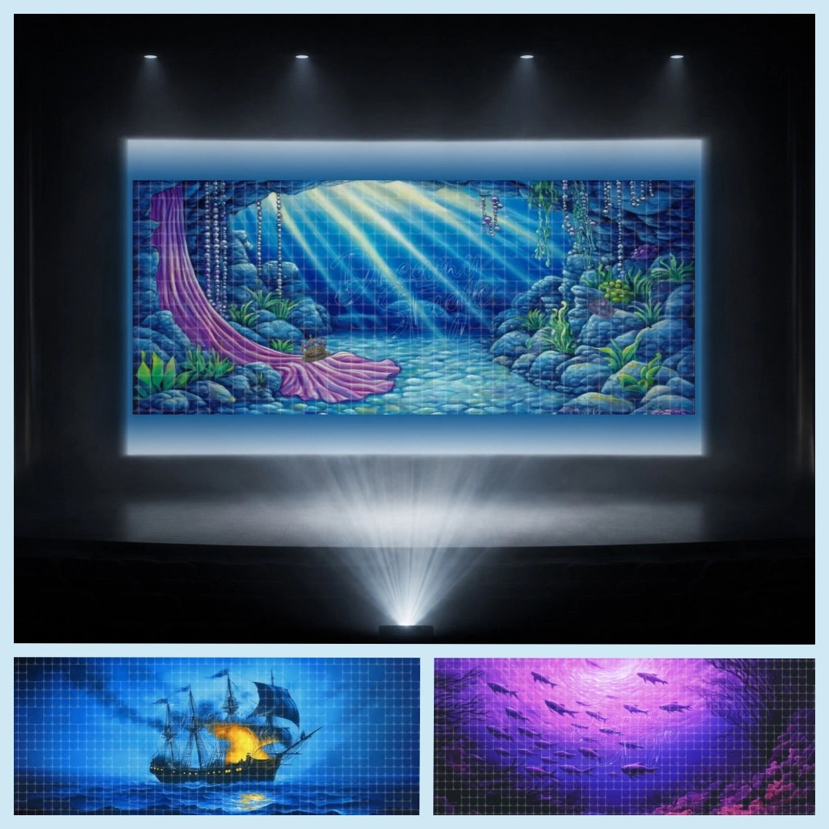 Little Mermaid digital backdrop bundle featuring projected underwater sea cave, sailing ship, purple ocean scene, and magical cave scenery for instant download stage projection, mermaid musical productions, school theatre, and fantasy ocean adventure scenes.