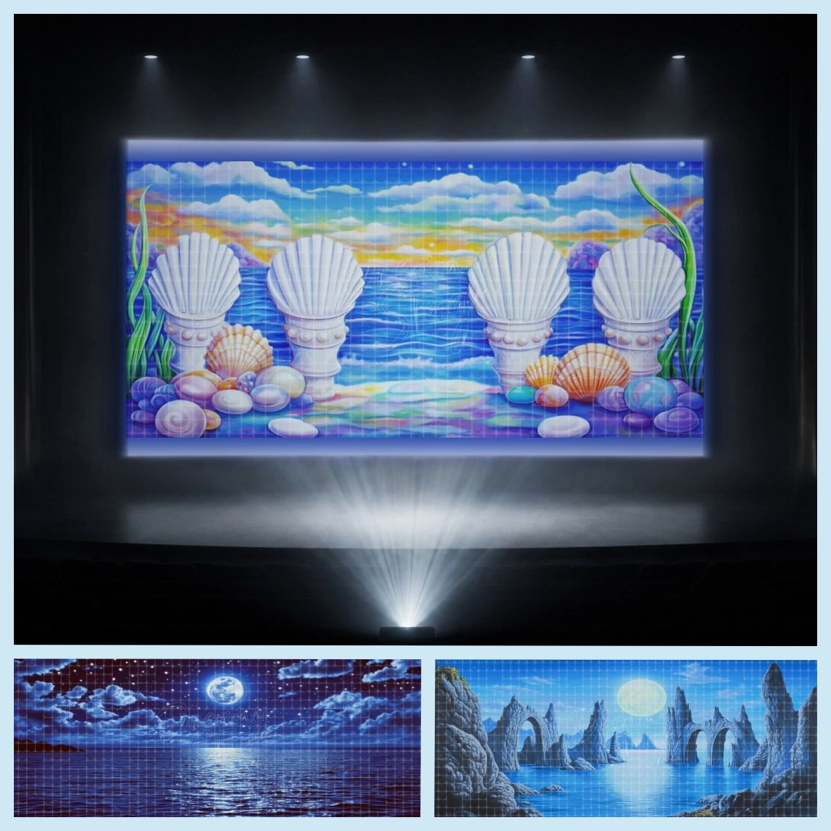 Little Mermaid digital backdrop bundle featuring projected shell palace scenery, moonlit ocean, icy blue rocky sea landscape, and underwater stage scene for instant download theatre projection, school musicals, dance recitals, and fantasy ocean productions.