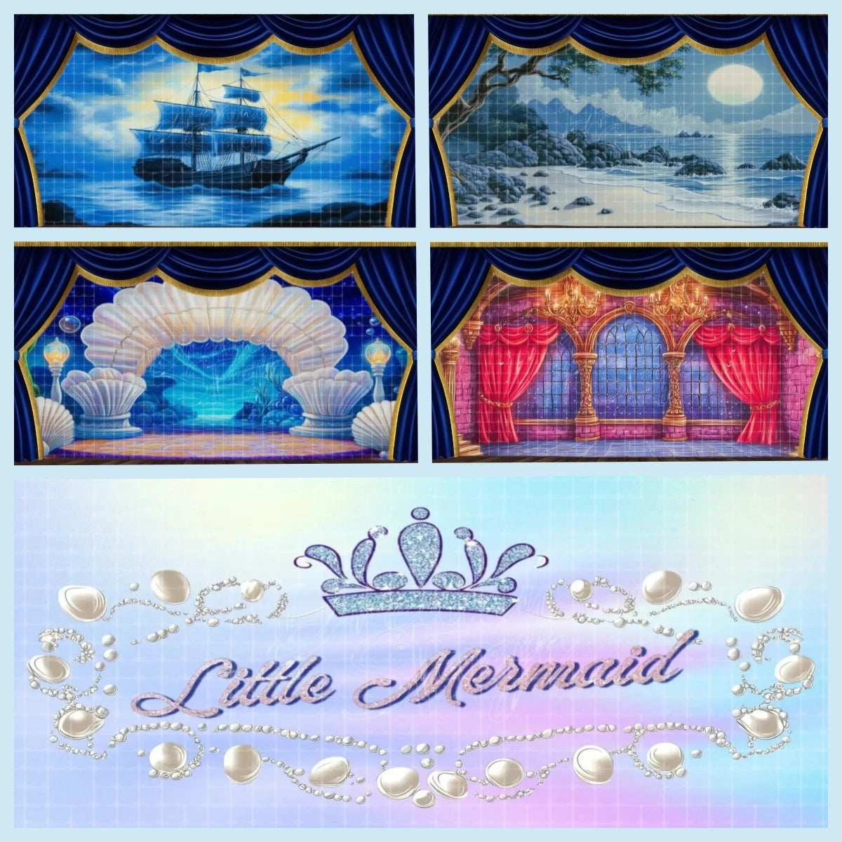 Little Mermaid mini digital projection backdrop bundle with sailing ship, moonlit shore, seashell palace stage, royal ballroom, and bonus title banner, designed for school musicals, community theatre, dance recitals, and ocean adventure stage productions.