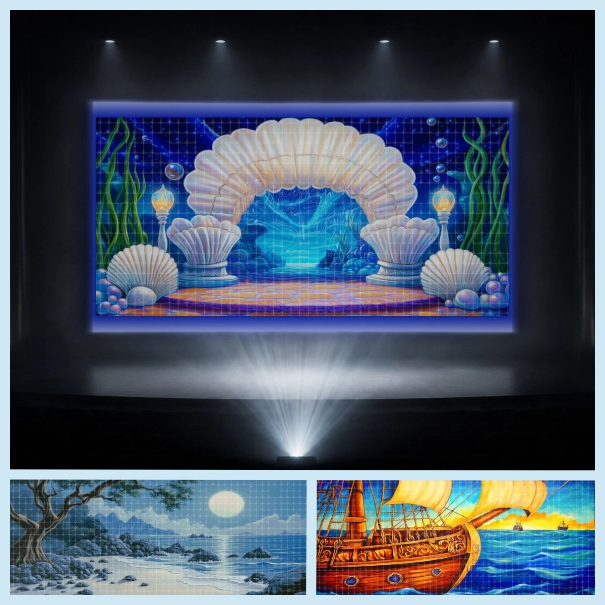Little Mermaid digital projection backdrop bundle with seashell palace stage, moonlit beach, ship deck, and underwater palace scene, ideal for instant download stage backgrounds, school musicals, community theatre, youth productions, and ocean fantasy performances.