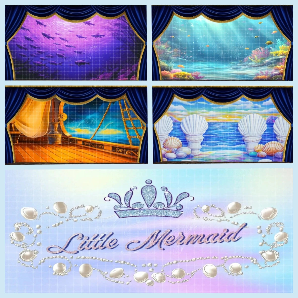 Little Mermaid mini digital backdrop bundle featuring purple underwater scene, coral reef, ship deck, shell ocean terrace, and bonus title banner for instant download stage projection, mermaid musical scenes, school performances, and ocean fantasy theatre.